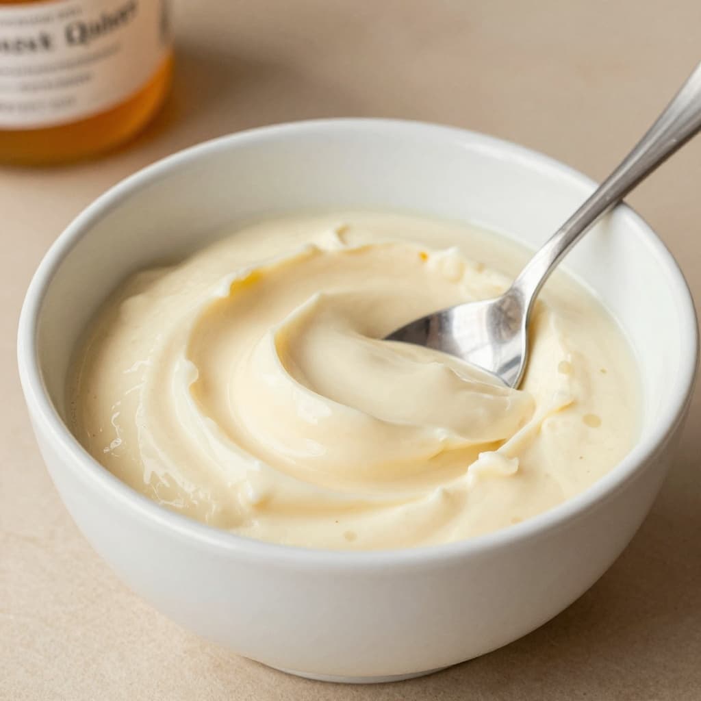 A white ceramic bowl filled with creamy quark and honey, spoon resting on the edge, watercolor style close-up on kitchen counter with soft light.