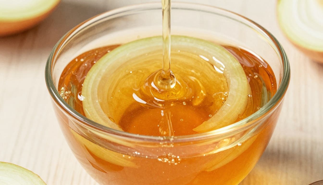 A glass with thinly sliced red onion covered in golden honey, light juice dripping, on a rustic wooden plate in a sunny kitchen. Watercolor style top-down close-up focusing on the glass and contents.