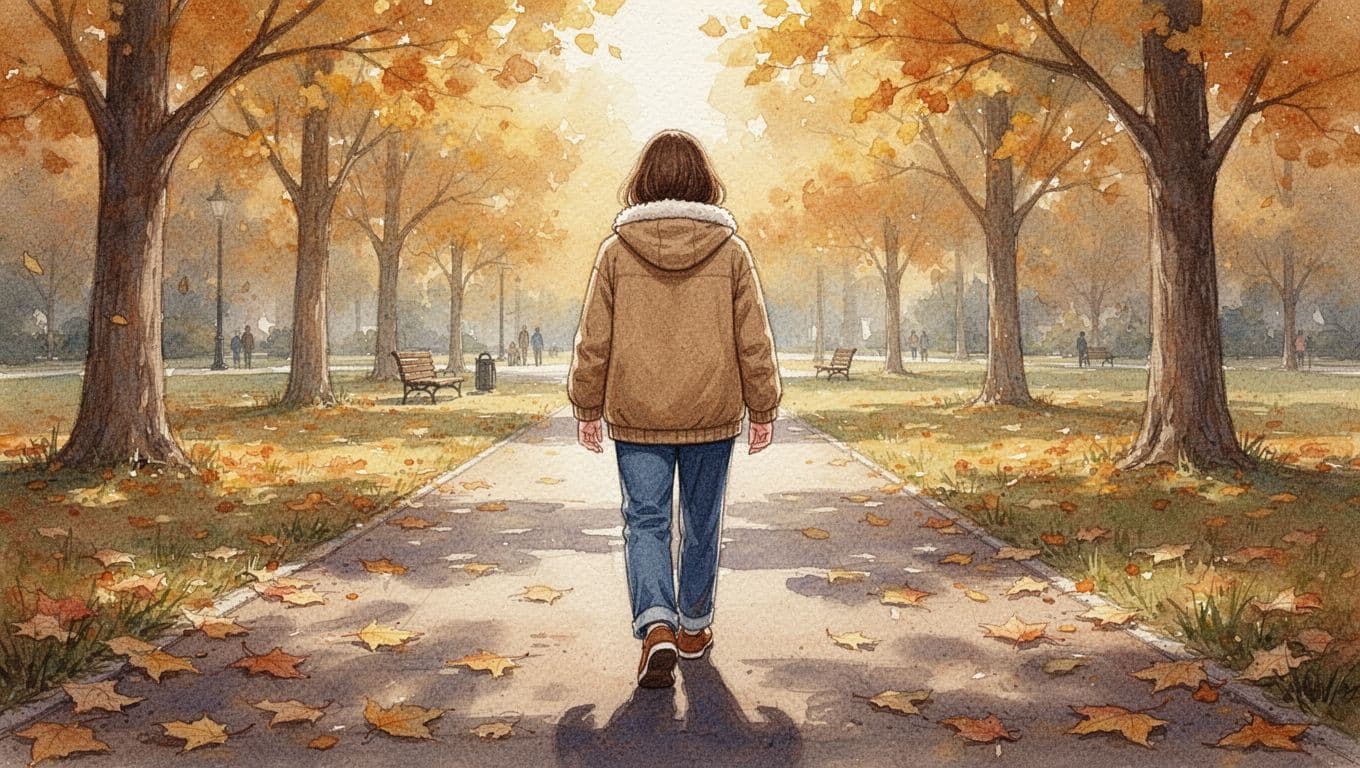 Person in cozy jacket walking slowly on leafy park path under autumn sunlight through trees, relaxed back view, watercolor style with soft blending and warm earthy palette.