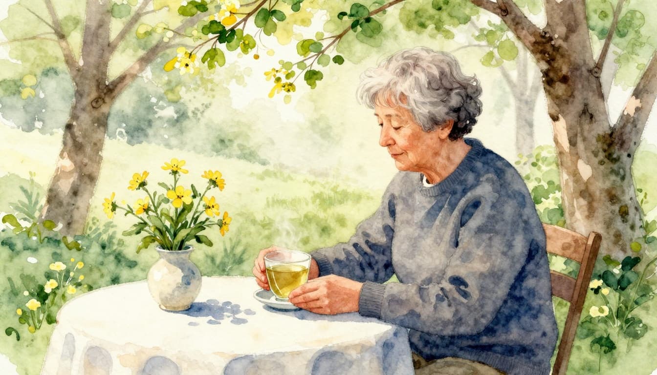 A single middle-aged person sits relaxed at a garden table in spring with blooming trees in the background, drinking nettle tea from a cup, hands loosely around it, watercolor style with soft blending.