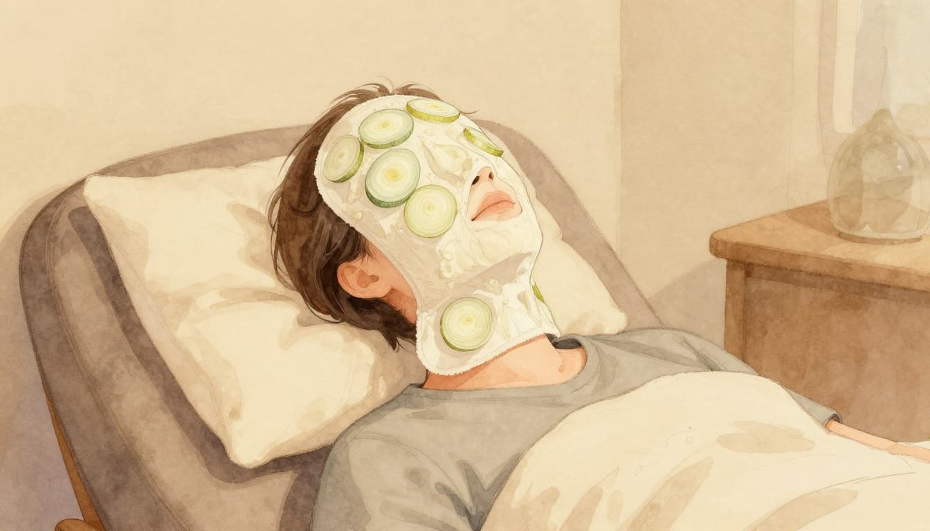 A relaxed person sits comfortably in a living room chair with a soothing neck wrap containing sliced onions or quark applied to their neck, in a watercolor style with warm golden lighting and muted earthy tones.