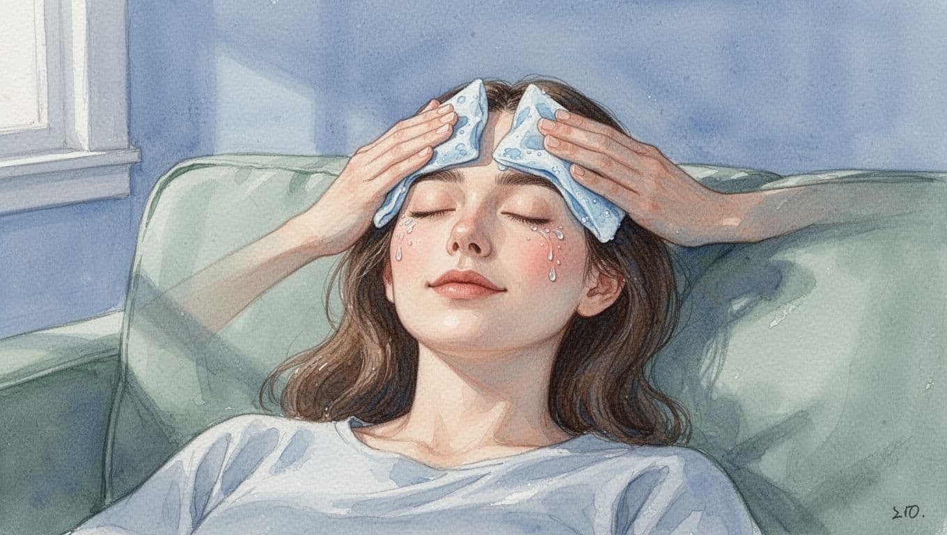 A serene woman lies on a sofa with a cool damp compress on her forehead and temples, eyes closed in a peaceful room with soft lighting. Watercolor illustration in pastel blue and green tones, focusing on her face for headache relief.
