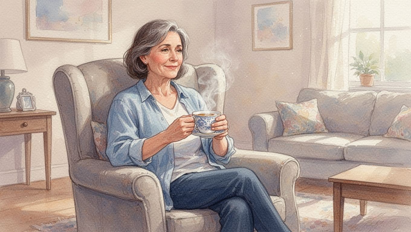 Middle-aged woman sits relaxed in armchair holding tea cup with both hands in softly lit living room.