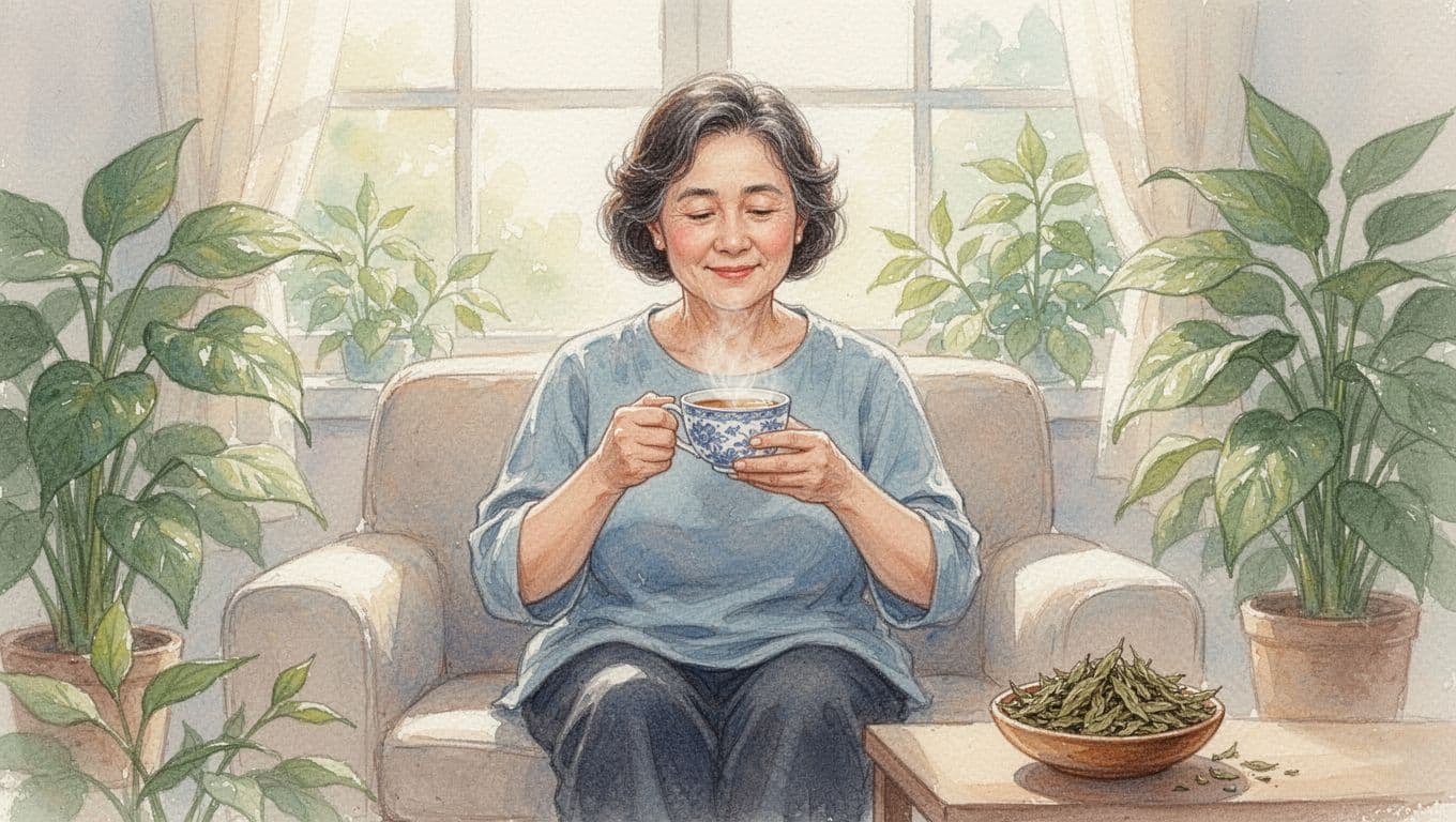 A relaxed middle-aged woman sits in a sunny living room drinking Lady's Mantle tea from a cup, hands loosely around it, with gentle natural light and plants in the background. Watercolor style featuring soft blending, visible brush texture, pastel colors, and soft light.
