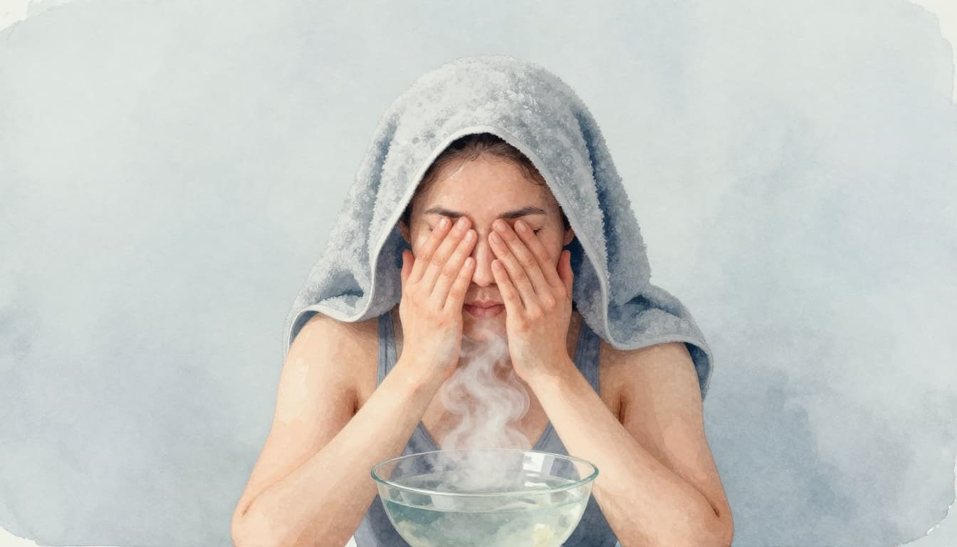 One person inhales steam from a bowl of hot water with a towel over their head in a relaxed pose in a simple bathroom, rendered in watercolor style with soft blending, muted winter palette, and pale blue-gray tones.
