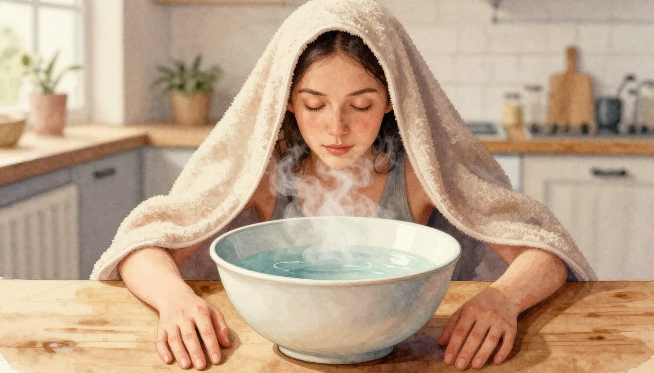 A relaxed adult woman inhales steam safely from a ceramic bowl of hot water at a wooden kitchen table, towel forming a tent over her head, eyes closed in a cozy watercolor-style home interior.