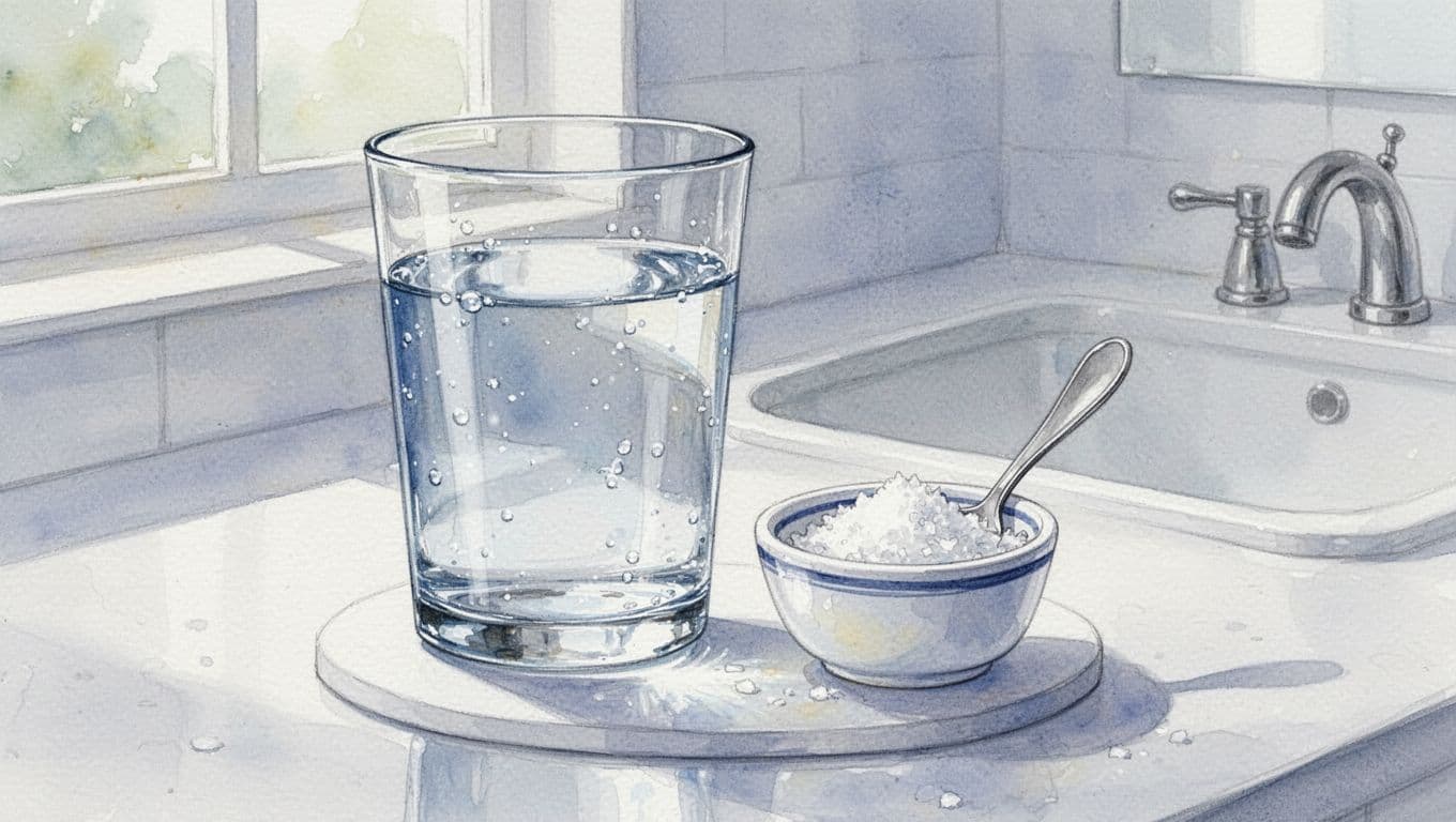 Glas mit klarer Salzwasser-Lösung neben Salzdose und Löffel auf weißem Untersetzer in hellem Badezimmer, Aquarellstil.