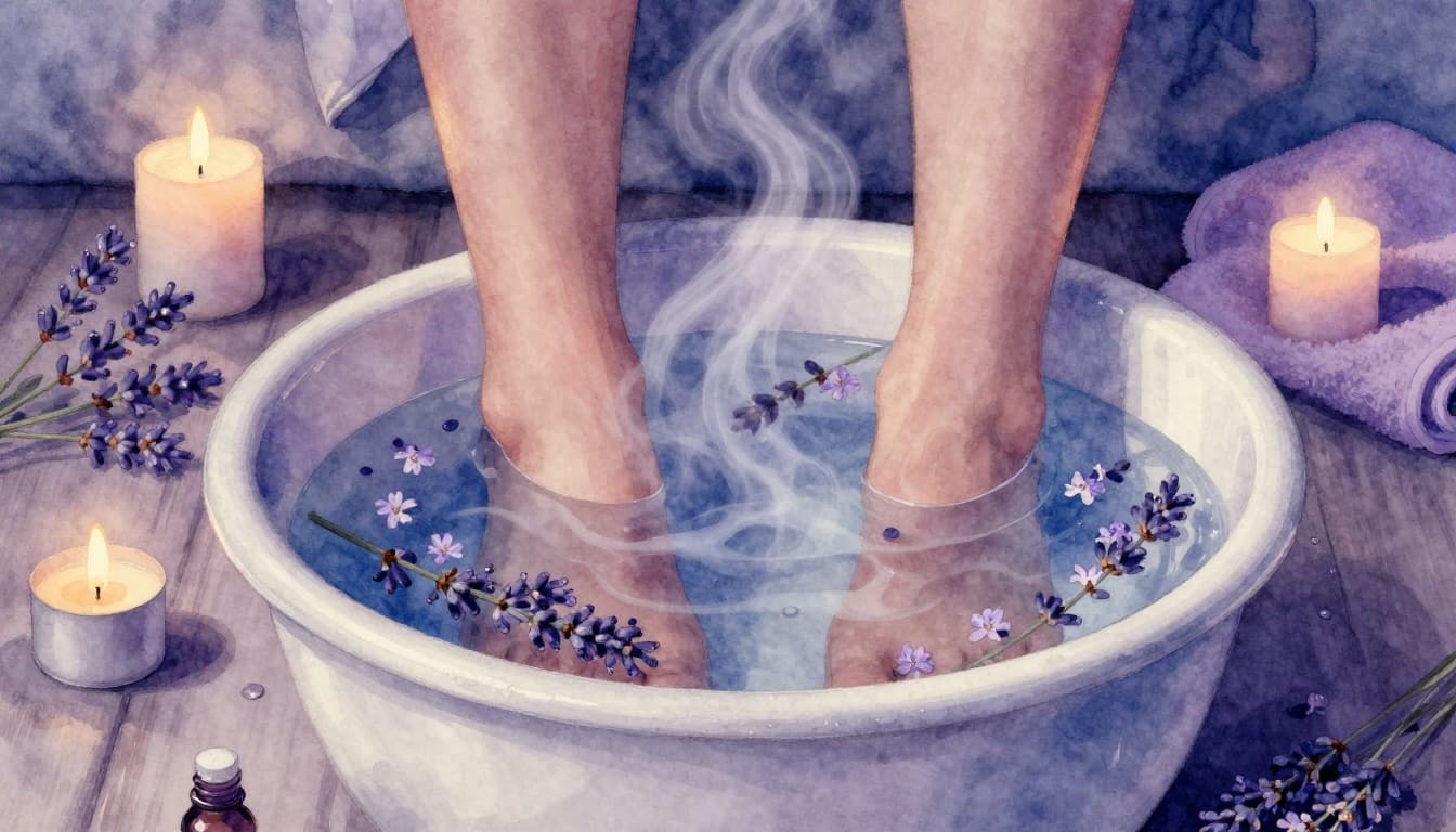 A relaxing warm foot bath in a white ceramic basin with steaming water, fresh lavender sprigs and flowers floating on the surface, and essential oil drops nearby, set in a soft evening bedroom with candlelight and towel. Watercolor style featuring soft blending, brush textures, muted blues and purples with warm glow.