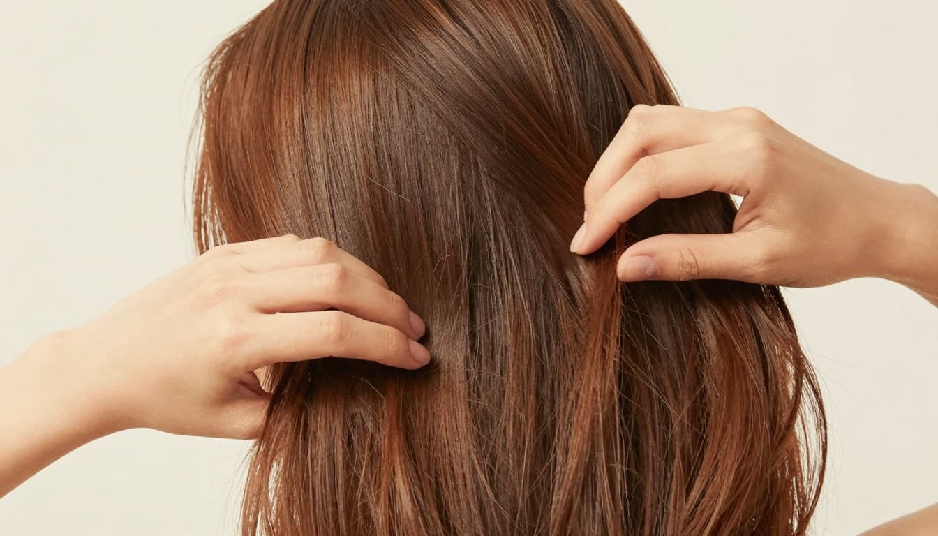Close-up watercolor illustration of a woman's long, glistening hair softly falling over shoulders, touched by relaxed hands in warm natural light.