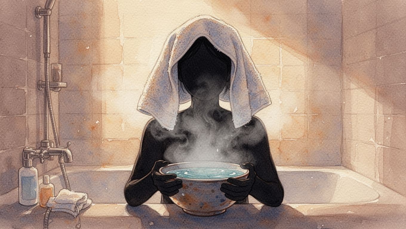 Silhouette of person with towel over head inhales steam from hot water bowl in cozy bathroom.
