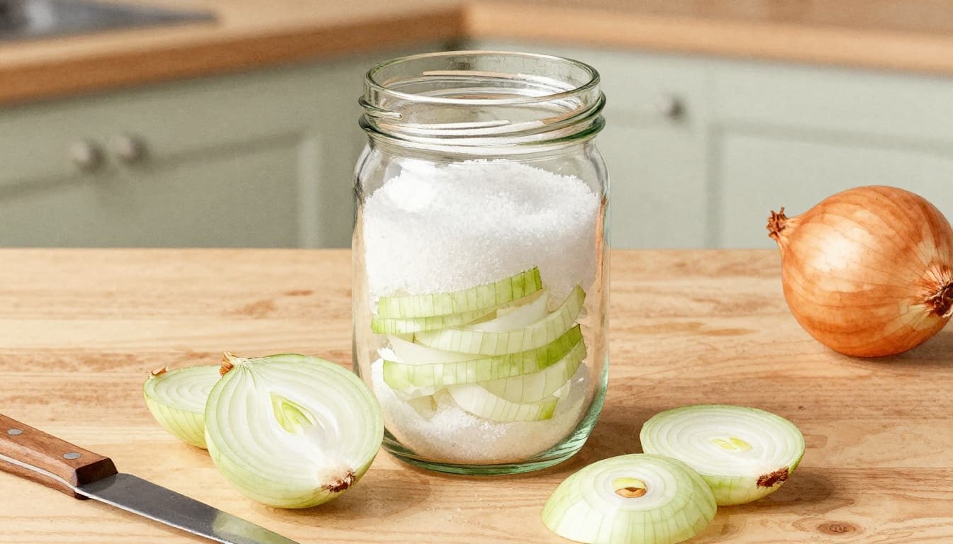 Fresh white onion sliced into pieces, layered alternately with granulated white sugar inside a clear glass jar on a wooden kitchen surface, with a nearby knife and peeled onion skin, rendered in watercolor style.