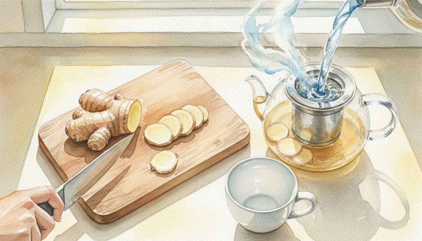 Thin slices of fresh ginger on wooden cutting board next to glass teapot with hot water pouring over slices and nearby cup.