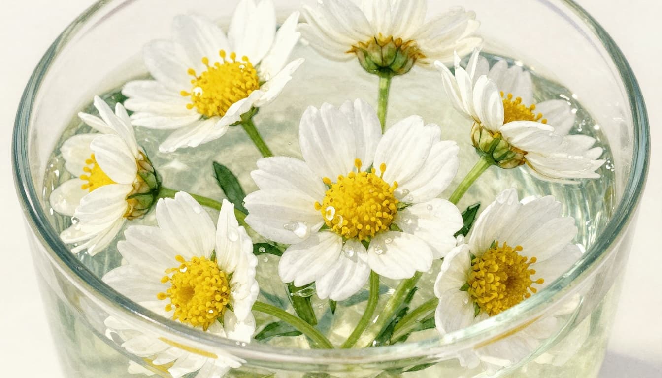 Fresh chamomile flowers in a transparent glass with lukewarm water, featuring gentle steam wisps and surface droplets, captured in a close-up watercolor style with soft focus and natural morning light.