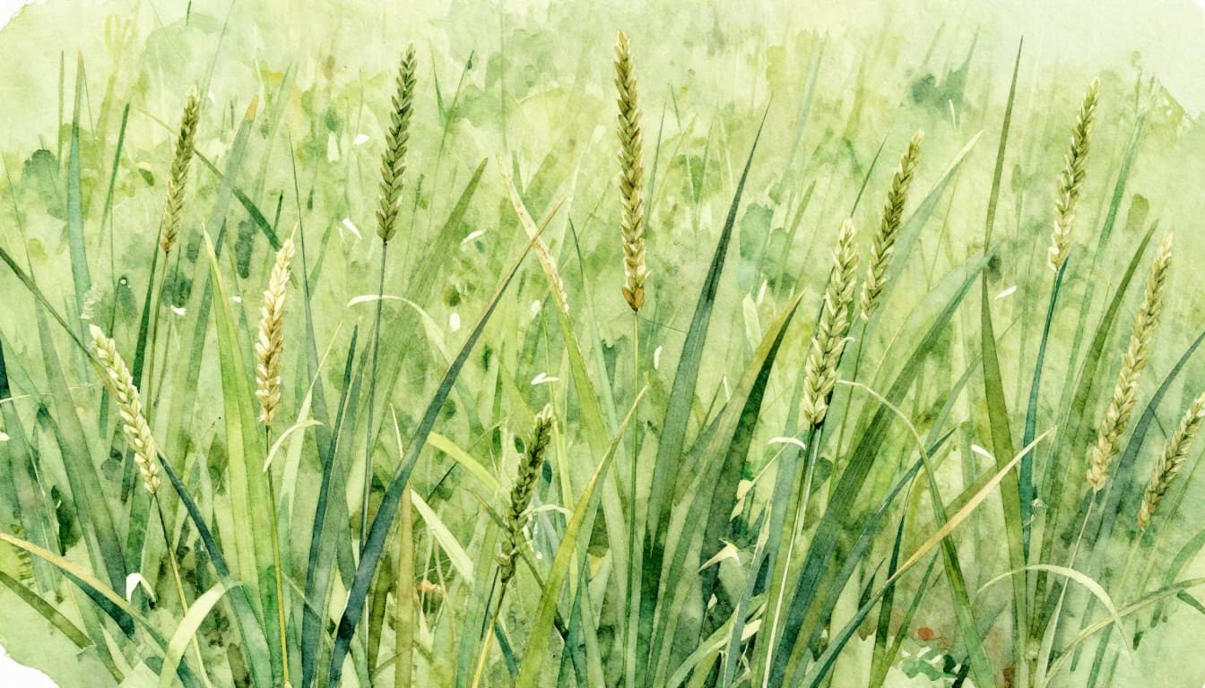 Eine einzelne Spitzwegerich-Pflanze mit langen, schmalen, lanzettförmigen Blättern nahe am Boden auf einer grünen Wiese bei sonnigem Wetter, natürliche Nahaufnahme im Aquarellstil mit weichem Übergang und sichtbarer Pinseltextur.