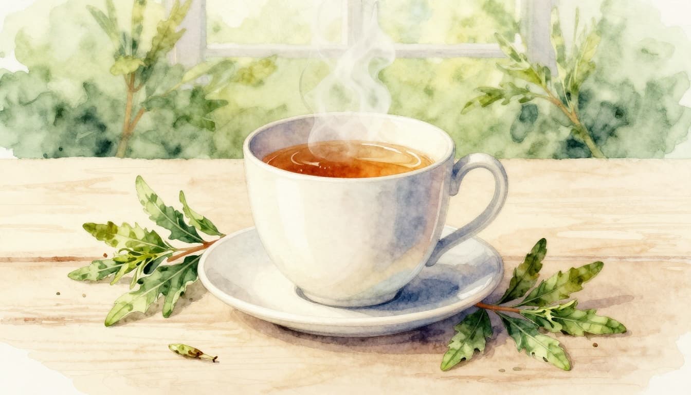 Dampfende Tasse mit frischem Spitzwegerich-Tee neben einem kleinen Haufen getrockneter Blätter und einer Teekanne auf einem rustikalen Holztisch in einer hellen Küche mit weichem Morgenlicht, im Aquarellstil mit sanfter Verblassung und sichtbarer Pinseltextur.
