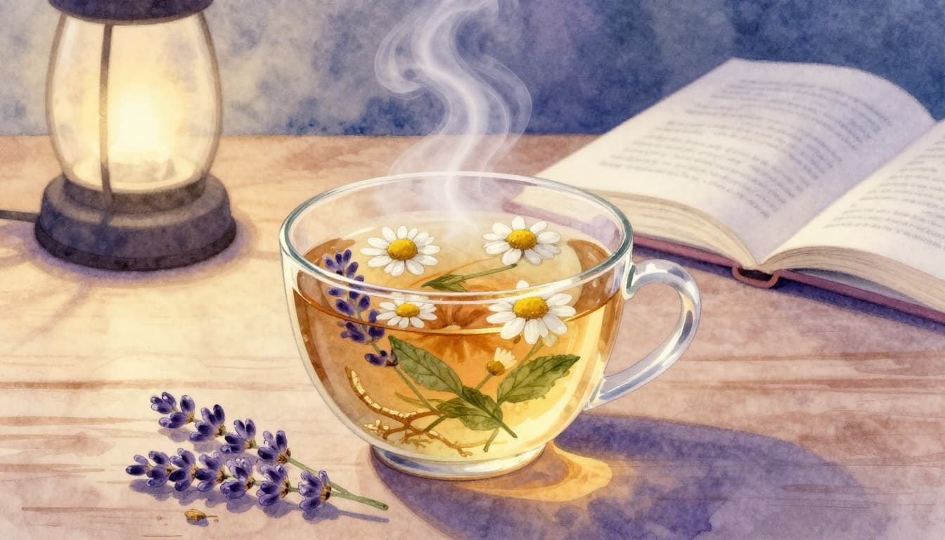 A steaming cup of herbal tea with chamomile flowers, lemon balm leaves, lavender sprigs, and valerian roots floating in warm golden liquid, set on a wooden table beside a bedside lamp and open book in a cozy evening atmosphere. Watercolor style with soft blending and muted blues, purples, and warm highlights.
