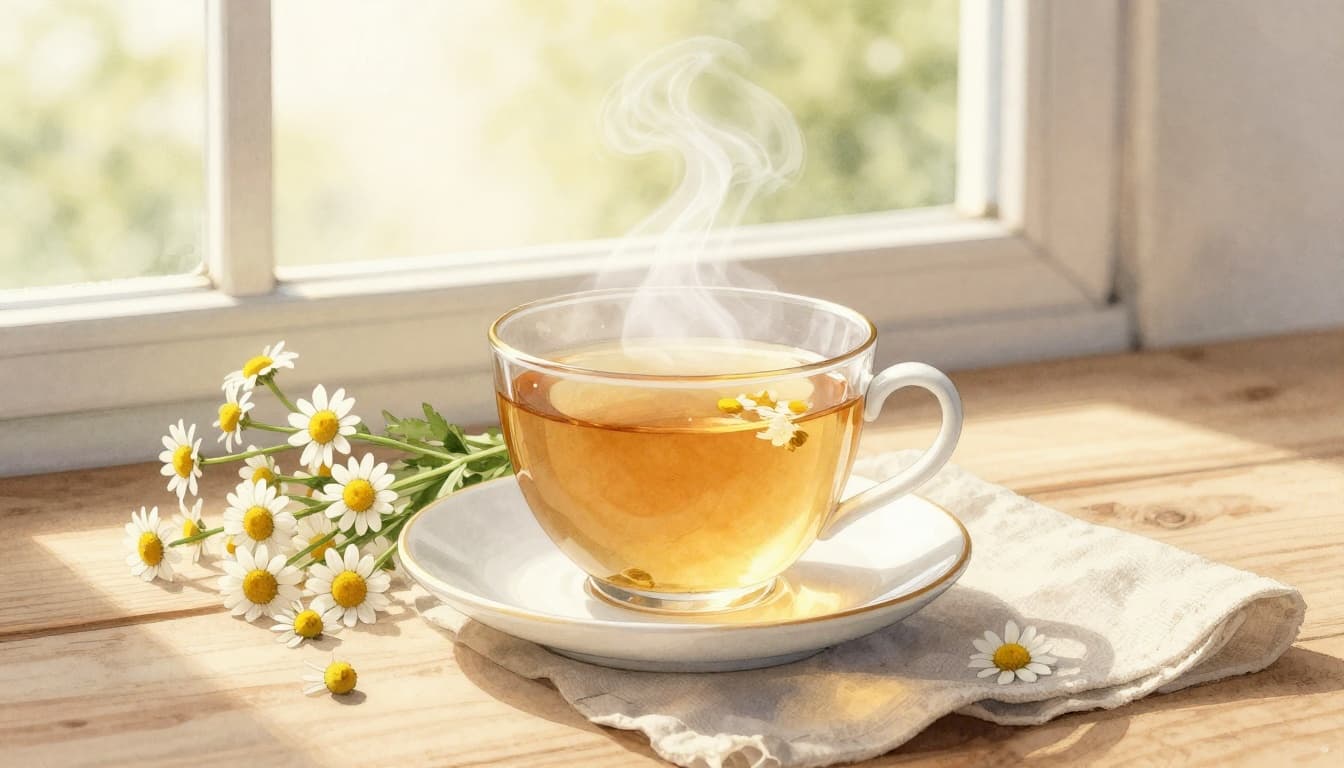 A delicate porcelain cup filled with steaming chamomile tea, surrounded by fresh chamomile flowers and linen on a wooden table, in soft watercolor style with pastel tones.