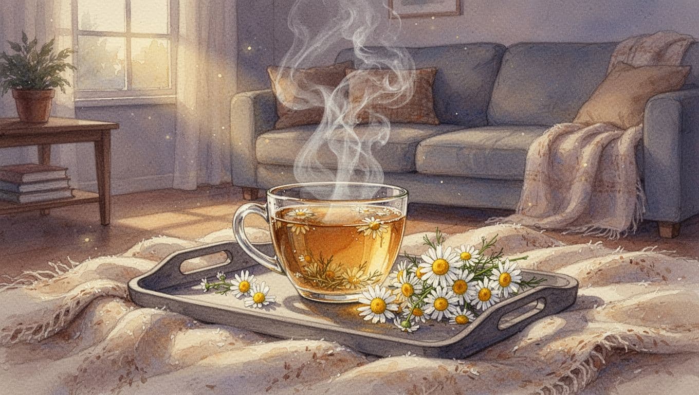 Steaming cup of chamomile tea with flowers on blanket-covered tray in softly lit living room, watercolor style.