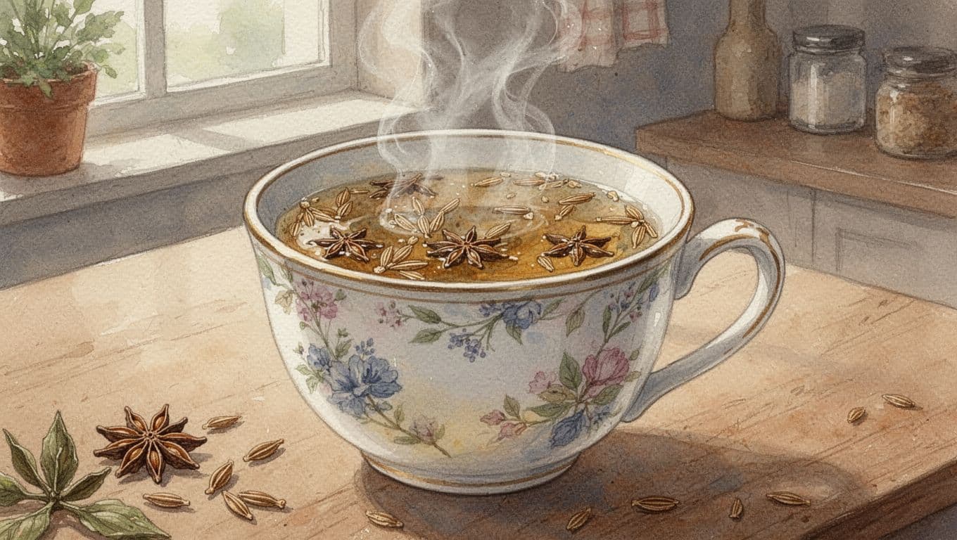 Close-up watercolor illustration of a steaming cup of herbal tea with fennel seeds, caraway, and anise floating in it on a cozy kitchen table, soft steam rising in warm natural light and earthy tones.