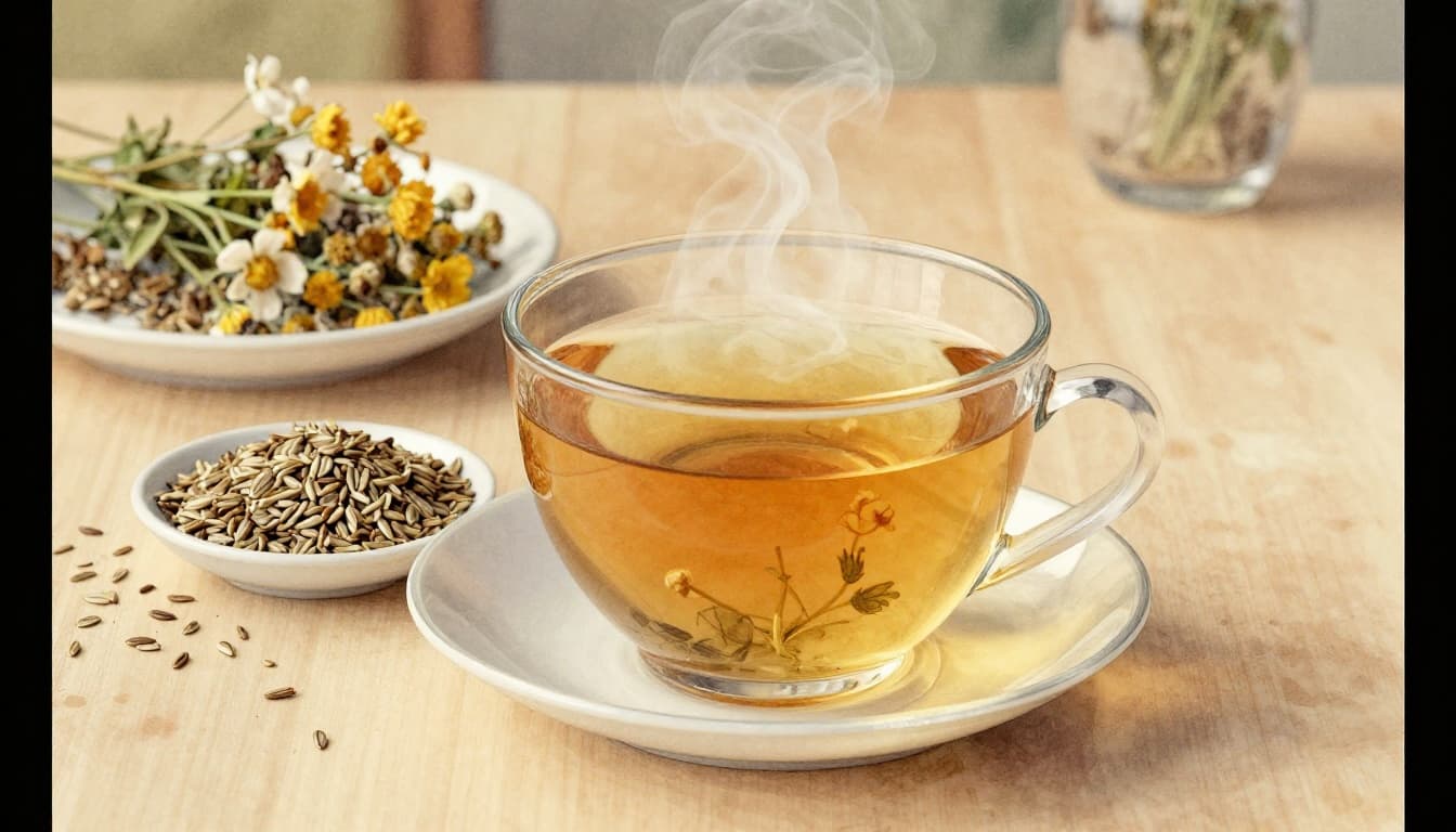 Steaming cup of herbal tea with fennel seeds and chamomile flowers beside it on a light table.