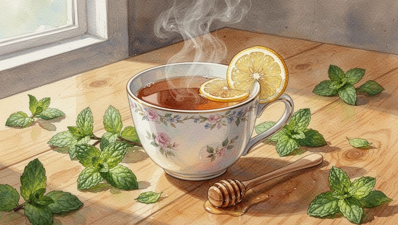 A watercolor-style cup of steaming ginger tea with a lemon slice and spoon of honey nearby, fresh mint leaves on a light table in natural light, featuring soft blending, visible brush texture, warm earth tones, and soft palette.