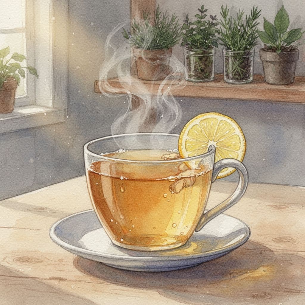 Steaming cup of golden ginger tea with thin lemon slice on rim on saucer atop light wooden table, blurred herb shelf background.