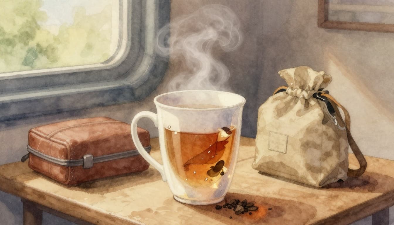A steaming cup of ginger tea on a table next to an open travel bag, with a car window in the sunny background, rendered in watercolor style with soft blending, visible brush texture, and warm earth tones.