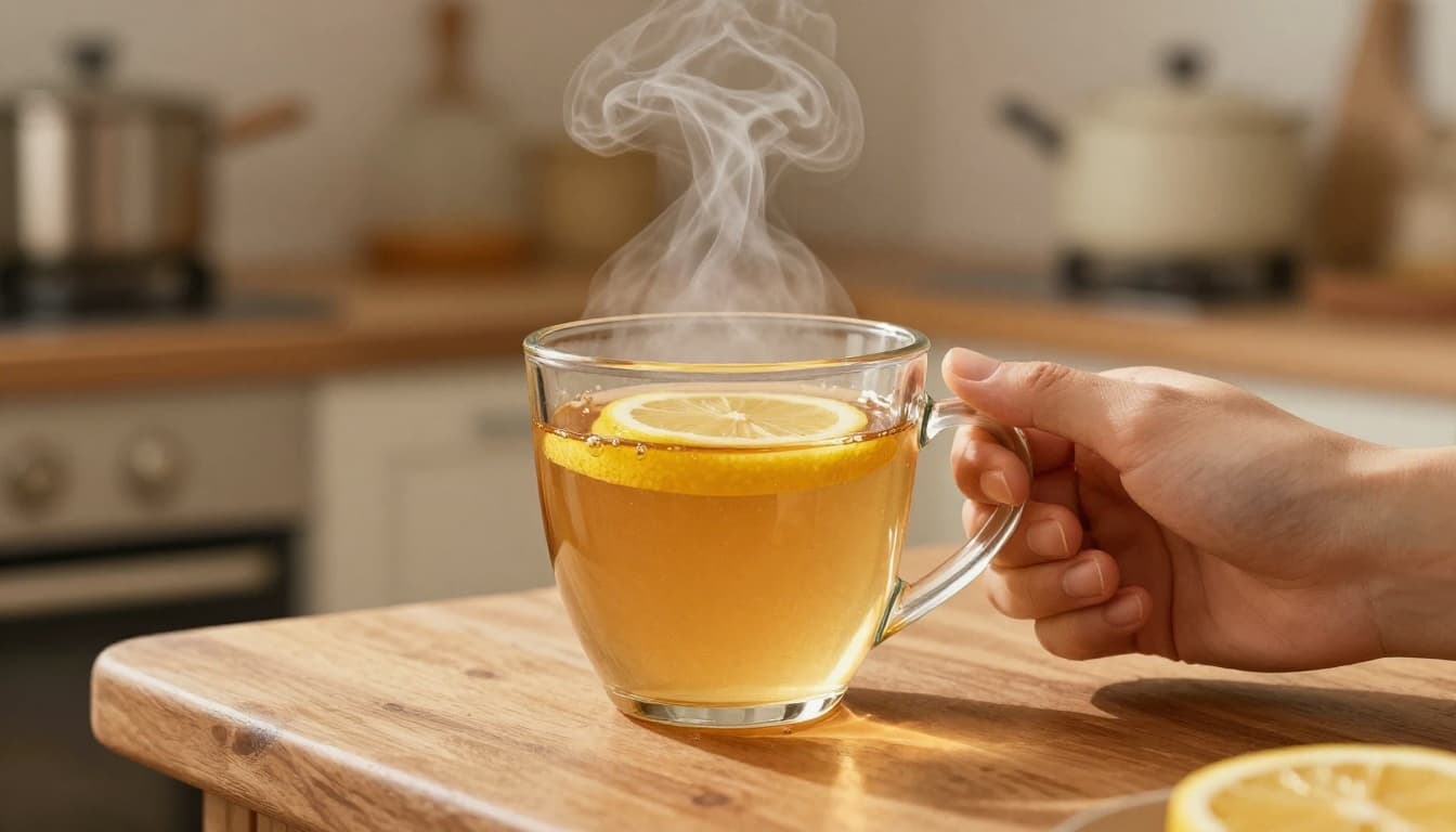A relaxed hand holds a steaming cup of herbal tea with honey and a lemon slice on a wooden table in a cozy kitchen, rendered in watercolor style with warm golden lighting and soft earthy tones.