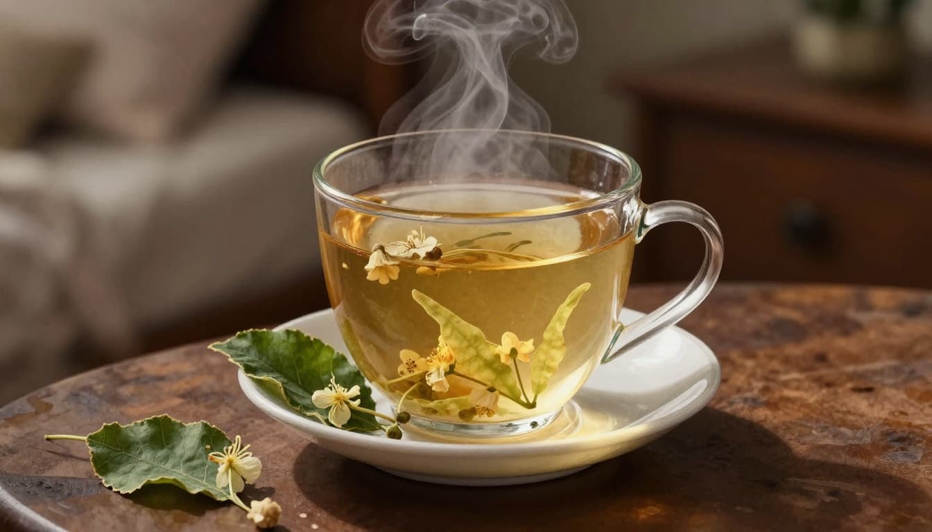 Steaming cup of herbal tea with fresh marshmallow leaves and linden flowers on a saucer, placed on a nightstand beside a bed in a dimly lit bedroom. Watercolor style featuring soft blending, visible brush texture, and a consistent warm palette for an inviting, soothing warmth.