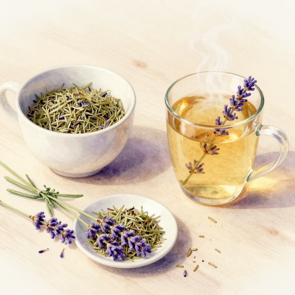 Dried lavender flowers poured with hot steaming water in a white teapot, accompanied by a cup of lavender tea on a light wooden table with scattered fresh lavender sprigs, in watercolor style with soft pastel lilac and green tones under warm evening light.