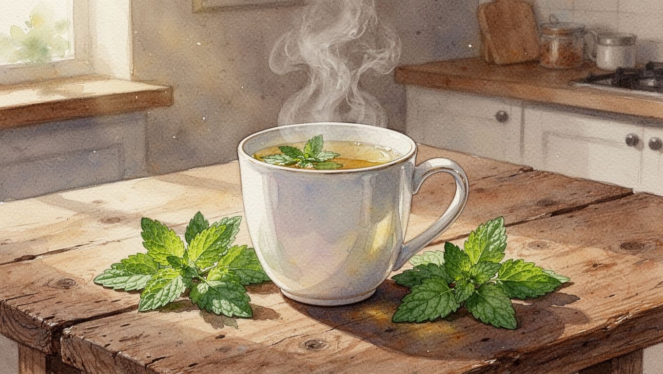 Steaming lemon balm tea in white porcelain cup on rustic wooden table with fresh leaves nearby and soft kitchen background.