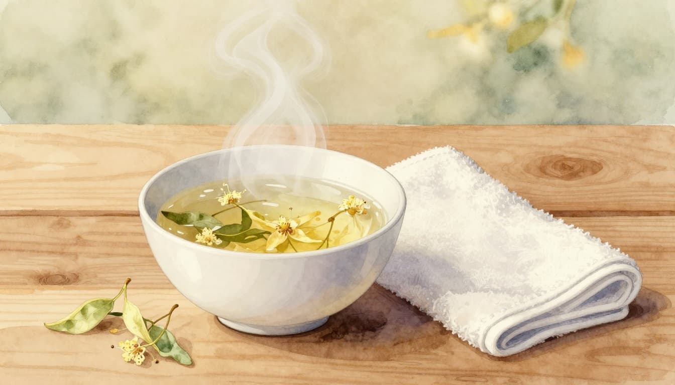 A simple white bowl filled with steaming linden flower infusion on a wooden table, with a clean towel folded beside it and rising steam in watercolor style.