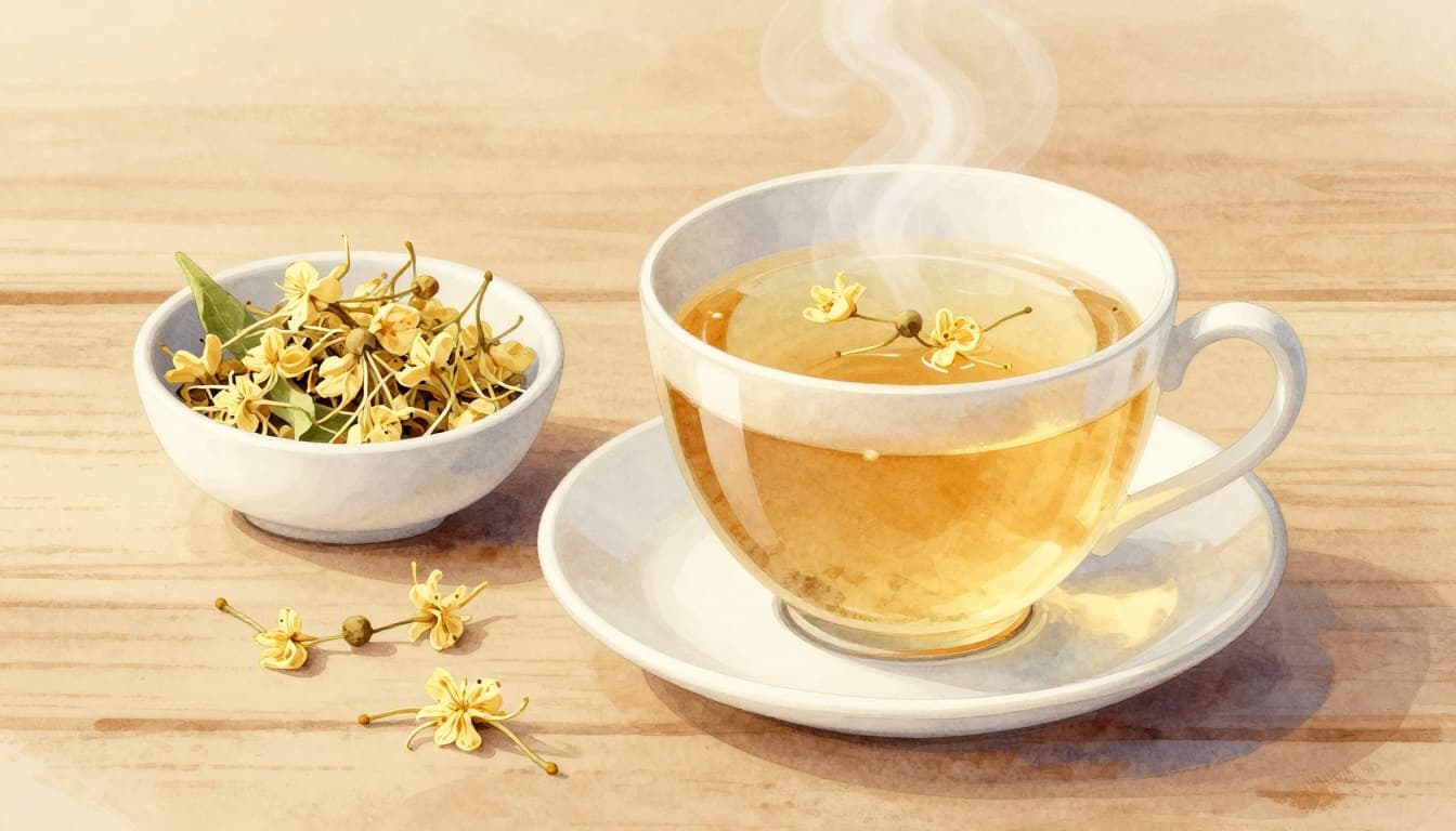 A steaming cup of linden flower tea on a wooden table with dried linden flowers in a small white bowl, rendered in cozy watercolor style with soft blending.