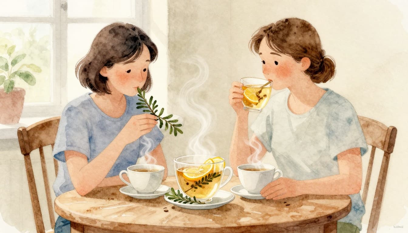 Top-down view of two cups of steaming herbal tea on a rustic wooden table: one garnished with fresh mint leaves, the other with ginger slices and lemon. Watercolor style with soft blending, visible brush textures, pastel greens and yellows, warm natural light, inviting composition.