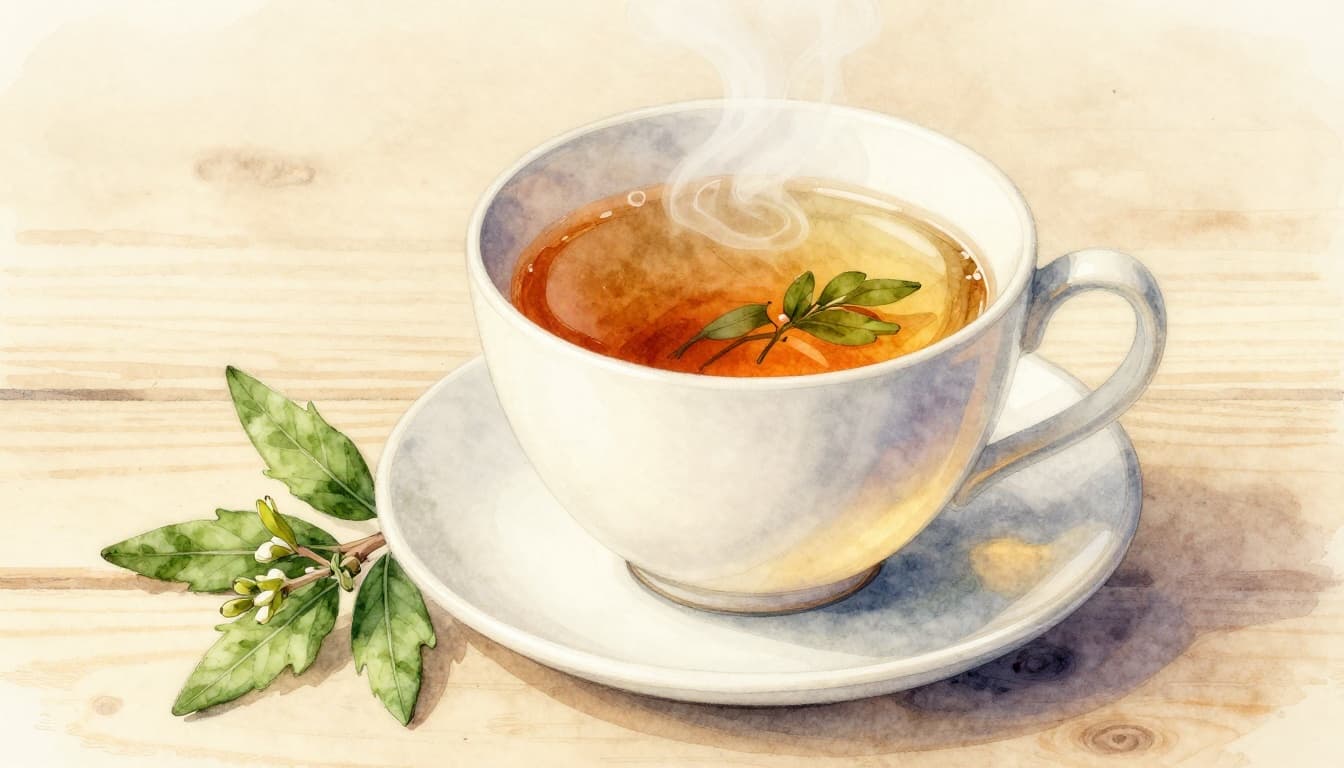 Eine dampfende Tasse frisch gezubereiteten Pfefferminztees mit frischen Blättern auf einem hellen Holztisch in einer ruhigen Küche, im sanften Watercolor-Stil mit natürlicher Beleuchtung.