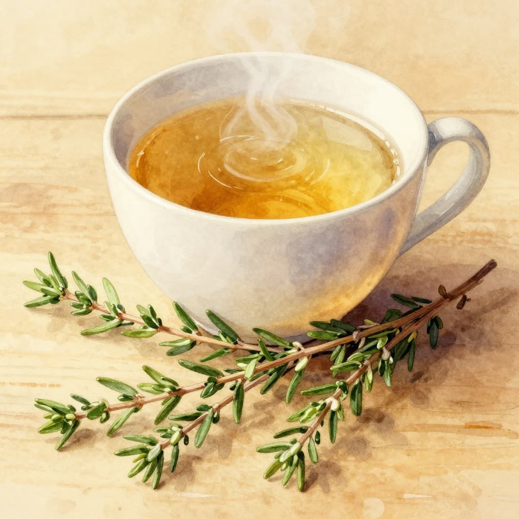Close-up watercolor illustration of fresh thyme leaves and sprigs floating lightly in a porcelain cup with steaming hot water on a rustic wooden table, featuring soft blending, visible brush texture, and warm golden light.