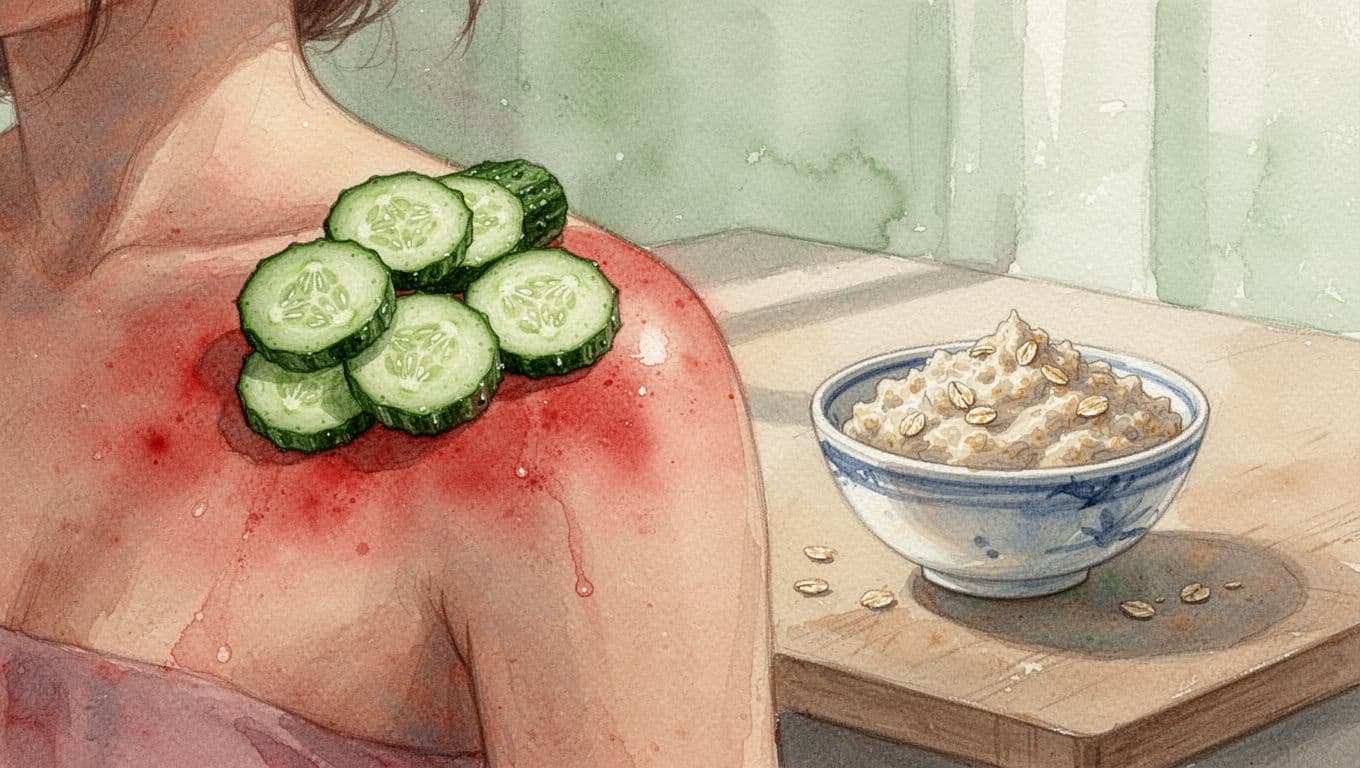 Thin slices of fresh cucumber on red sunburned shoulder skin with a bowl of oatmeal paste nearby on a kitchen table, in soft watercolor style with morning light and relaxing vibe.