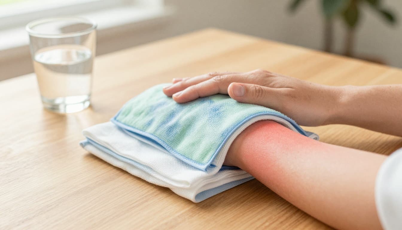 A close-up of a person's red, sunburned arm with a cool, damp cloth gently applied over it in a soothing manner. Watercolor style with soft blending, pale blue and green tones for cooling effect, in a calm setting.