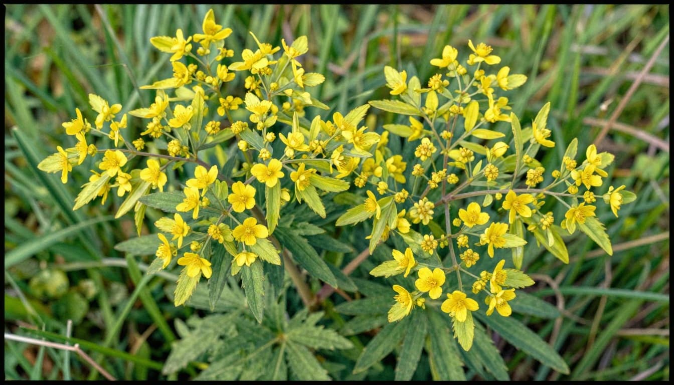 Frische Frauenmantel-Pflanze (Alchemilla vulgaris) mit tauigen Blättern und gelb-grünen Blüten in einer sonnenbeschienenen Wiese. Wasserfarben-Stil mit weichem Blending, pastelligen Farben und natürlichem Licht.