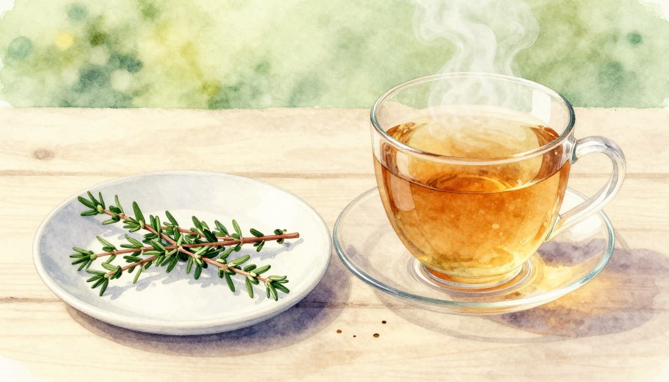 Getrockneter Thymian in einer Schale, Teekanne mit kochendem Wasser und Porzellantasse auf einem Küchentisch, arrangiert mit sanfter Dampf im Aquarellstil mit weichem Pinselstrich und natürlichem Licht.