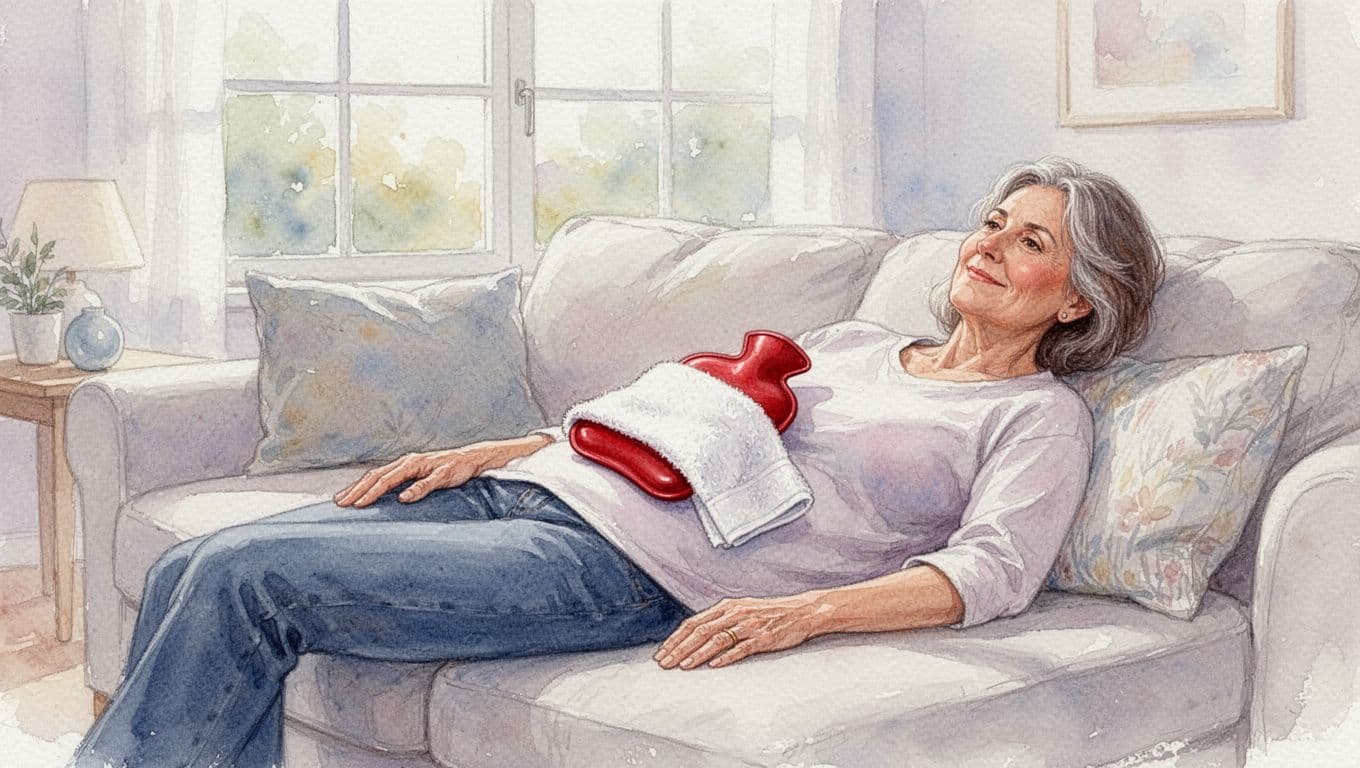 Eine entspannte Frau mittleren Alters liegt gemütlich auf einem Sofa mit einer roten Gummiwärmflasche, umwickelt mit einem weißen Handtuch, sanft auf ihrem Bauch.