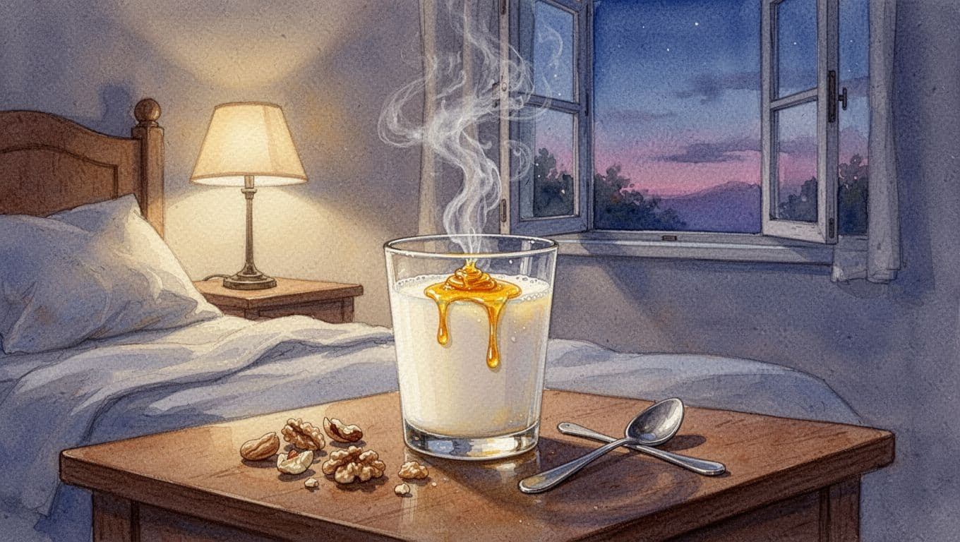 A steaming glass of warm milk drizzled with honey sits on a bedside table surrounded by nuts and a spoon in a dimly lit cozy bedroom at evening, watercolor style with soft blues and purples.