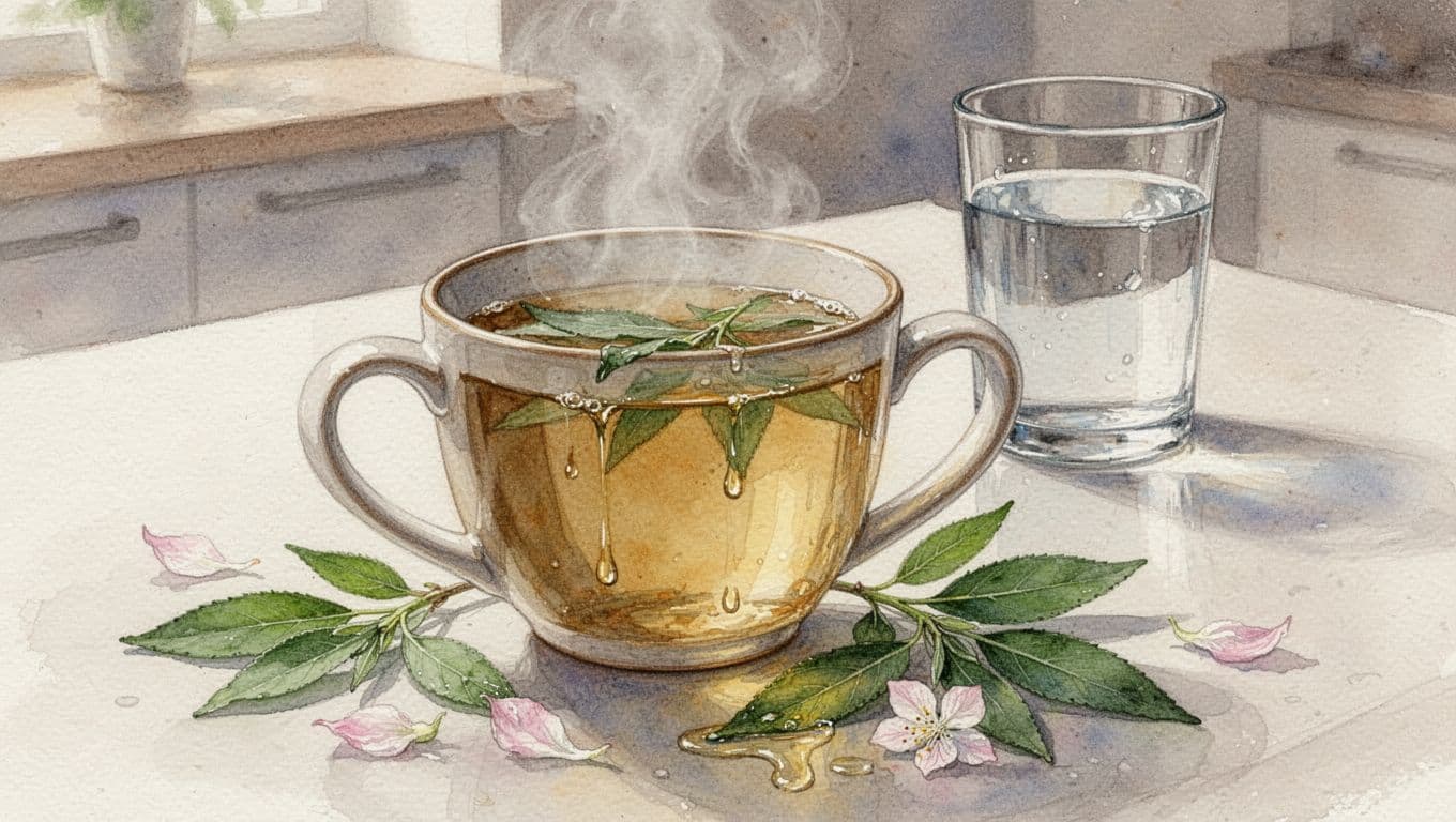 A watercolor-style close-up of a cup of warm sage tea with strained leaves beside it, prepared lukewarm for gargling on a kitchen table, with a glass of water in the background, gentle steam, petals, soft blending, and warm palette.