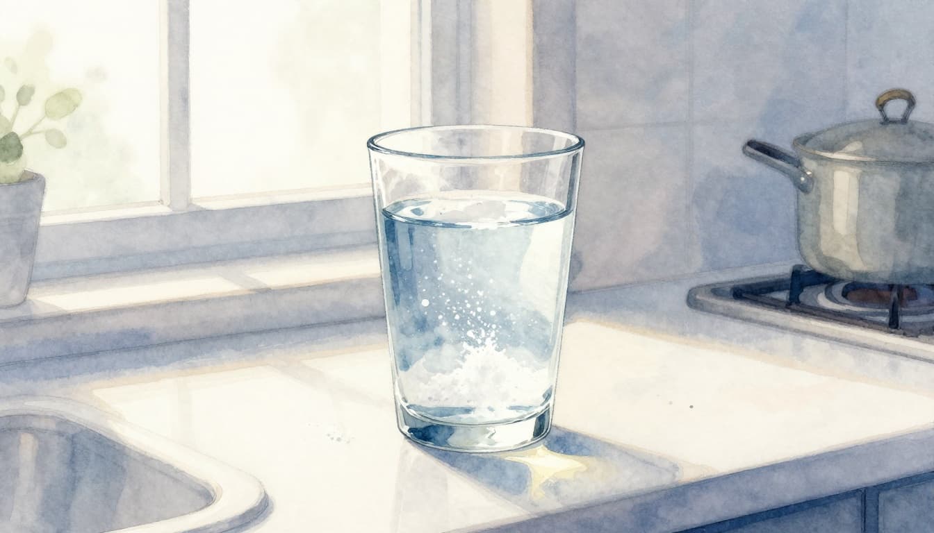 Watercolor illustration of a clear glass of still water with baking soda dissolving on a kitchen counter in soft morning light, cozy home setting.