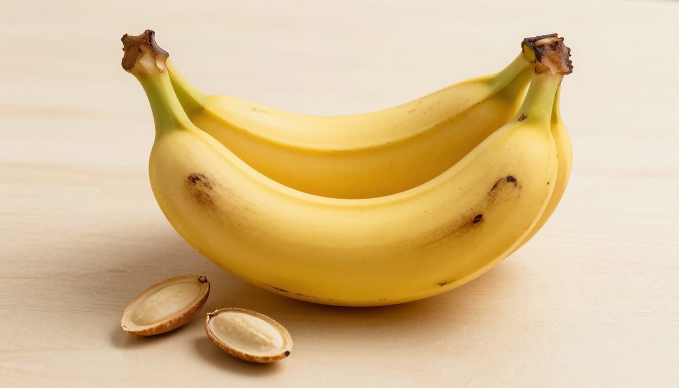Watercolor bowl on kitchen table holds ripe banana, almonds, and apple in warm earth tones.