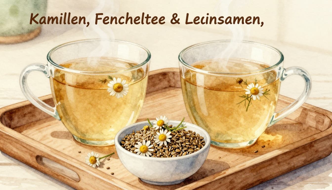 Watercolor painting of steaming cups of chamomile and fennel tea beside a small bowl of linseeds on a wooden tray in a warm kitchen with soft afternoon light.