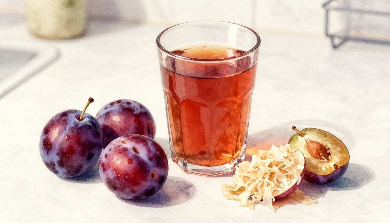 Watercolor style image of exactly two fresh plums and a glass of prune juice on a kitchen counter with sauerkraut nearby, in natural daylight with soft blending and brush textures. Depicts classic natural remedies for gentle constipation relief.