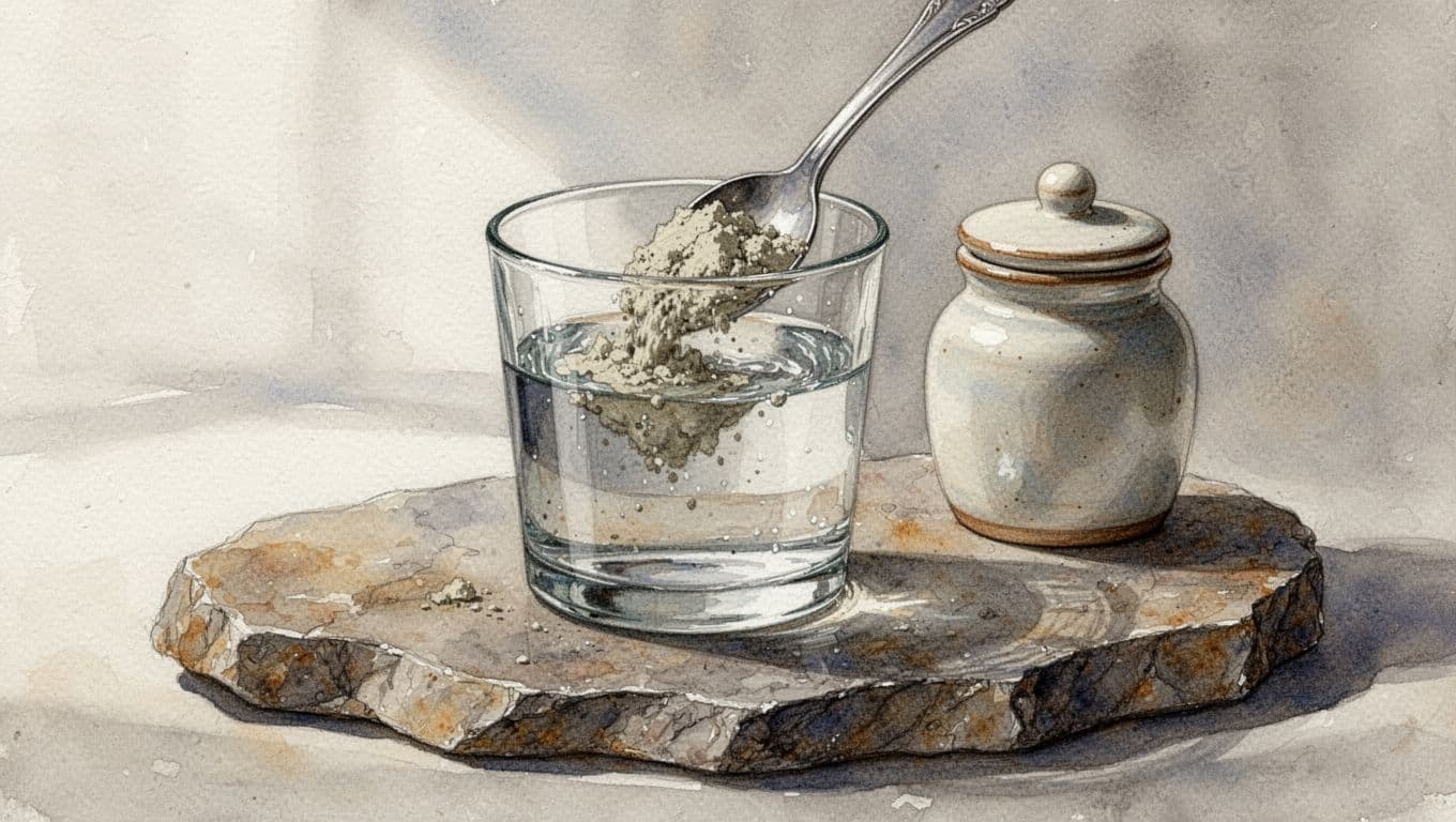 Watercolor depiction of a spoonful of healing clay powder stirred into a glass of water on a natural stone surface, with a simple apothecary jar nearby, in gentle diffused light and neutral earth tones. Illustrates traditional Heilerde remedy for binding stomach acid.