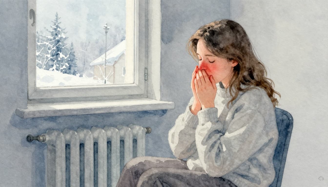 A person with a slightly red and dry nose sits near a radiator in a cozy winter room, with warm indoor light contrasting cold blue outdoors through the window. Watercolor style featuring soft blending, brush texture, and muted blues, grays, oranges.