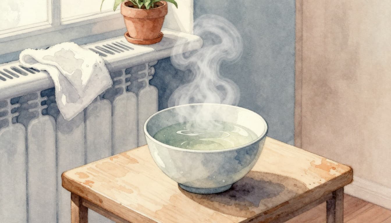 Watercolor illustration of a bowl of steaming water on a living room radiator during winter, with nearby houseplants and damp cloth, evoking a cozy atmosphere for room air humidification.